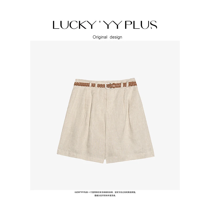 LUCKYYY 高品定制满分亚麻夏季透气配腰带宽松短裤B1686