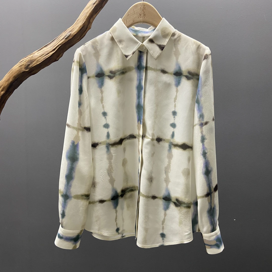 墨枝 格子拼色印花桑蚕丝衬衣S900A554