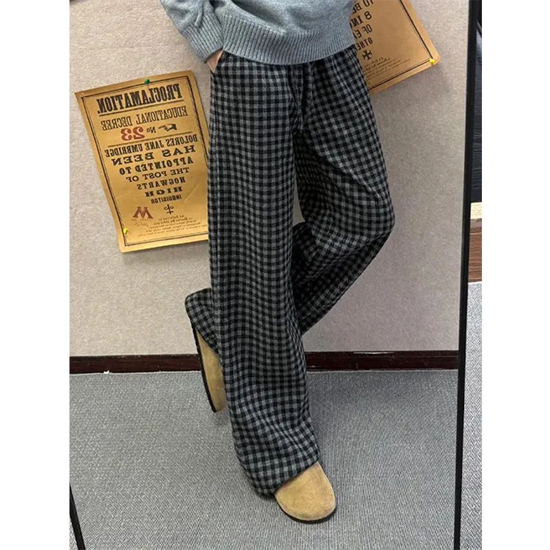 黑灰色垂感格子毛呢卫裤男秋季慵懒风毛呢格纹裤子cleanfit休闲裤