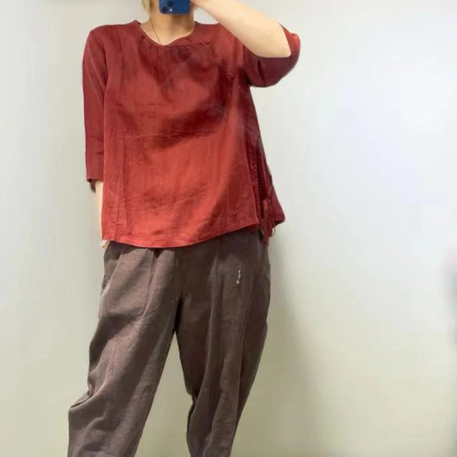 苎麻纯色圆领色织上衣