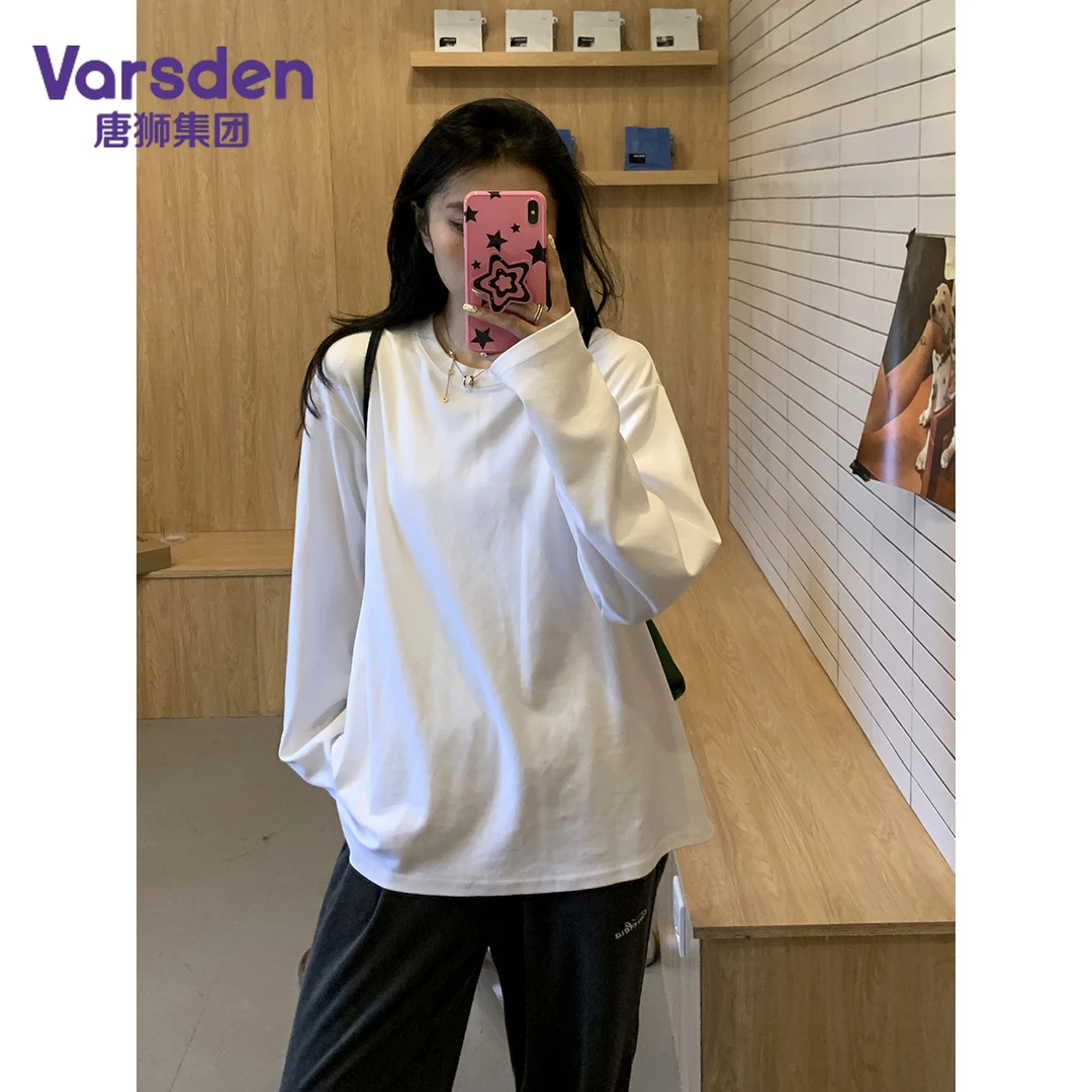 唐狮集团Varsden纯棉韩版秋季长袖圆领T恤简约百搭运动休闲上衣潮