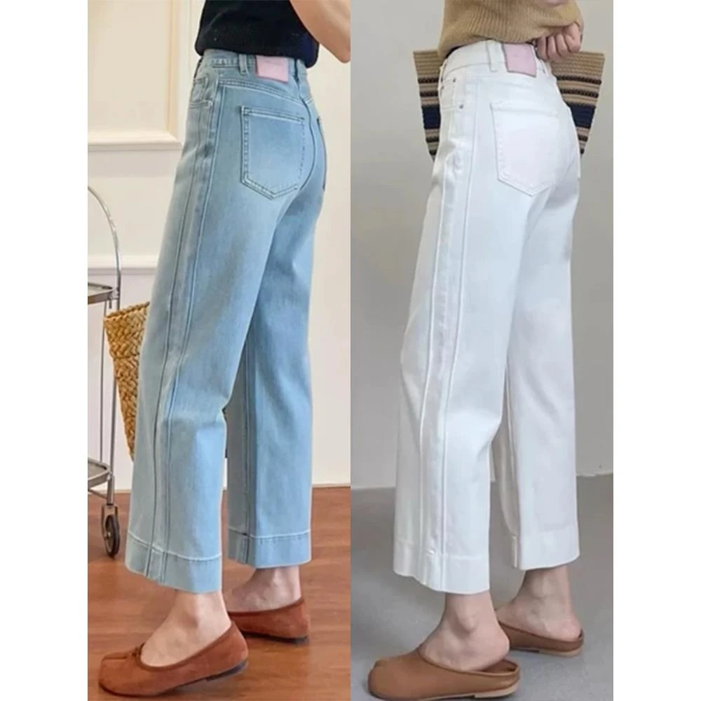 白色直筒牛仔裤女秋季新款大码胖mm梨型身材高腰显瘦阔腿九分裤子