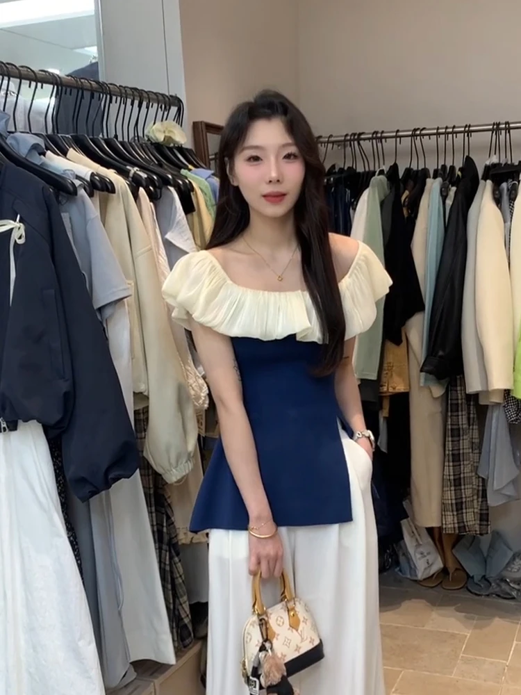 蓝色荷叶边拼接大领口针织冰丝开叉短袖t恤女夏季小个子露肩上衣