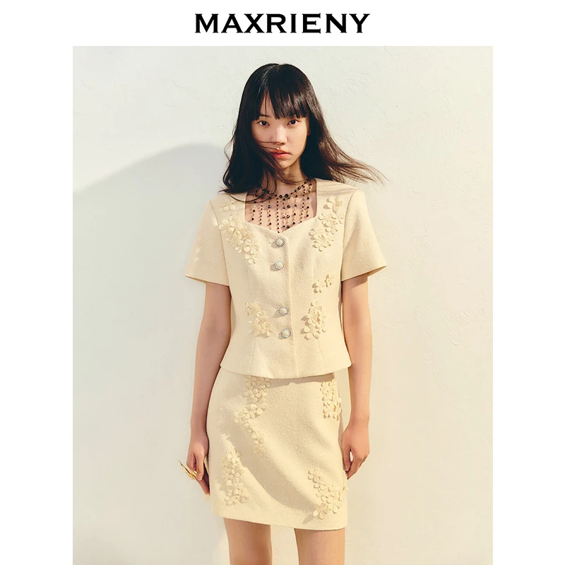 【商场同款】MAXRIENY精致千金风方领收腰肌理感短外套女2025夏款