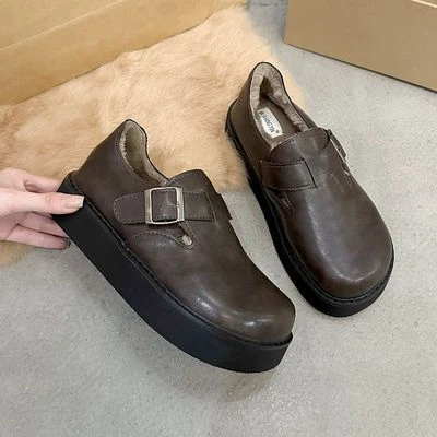 勃肯鞋加绒女皮面棉鞋毛毛鞋2024年秋冬季新款防滑保暖女士乐福鞋