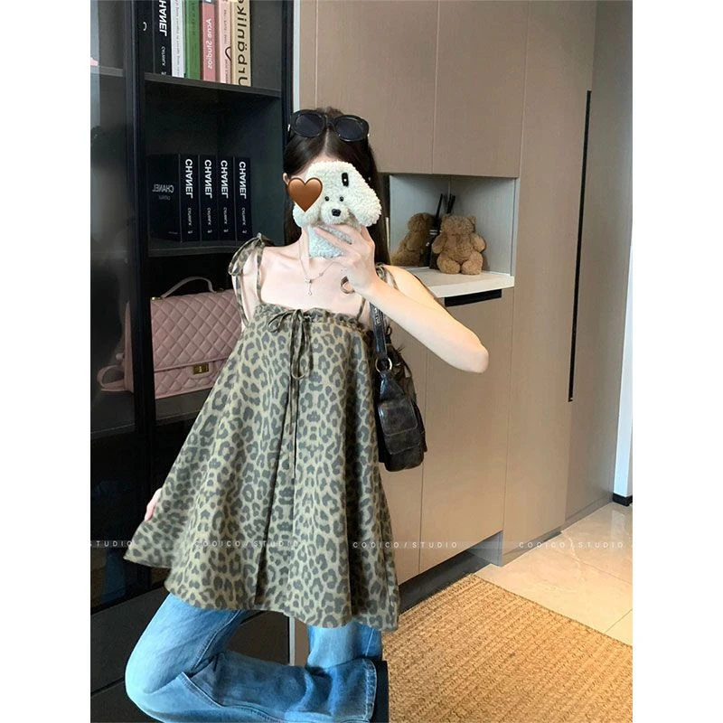 美式设计辣妹风复古豹纹系带吊带背心女夏季宽松百搭显瘦无袖上衣