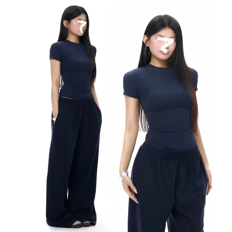 ACUN品牌 经典基础套装 紧身短袖T恤女松弛感拖地裤阔腿裤两件套