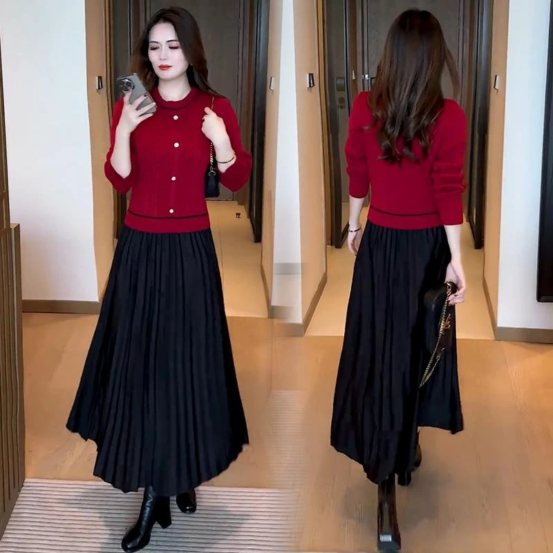 小香风假两件针织连衣裙女秋冬新款时尚洋气显瘦配大衣打底长裙子