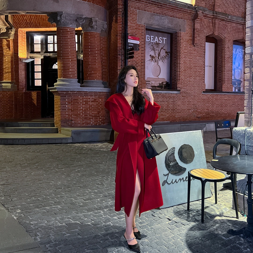 红色高端双面羊绒大衣女2025年冬季新款韩版宽松气质连帽毛呢外套