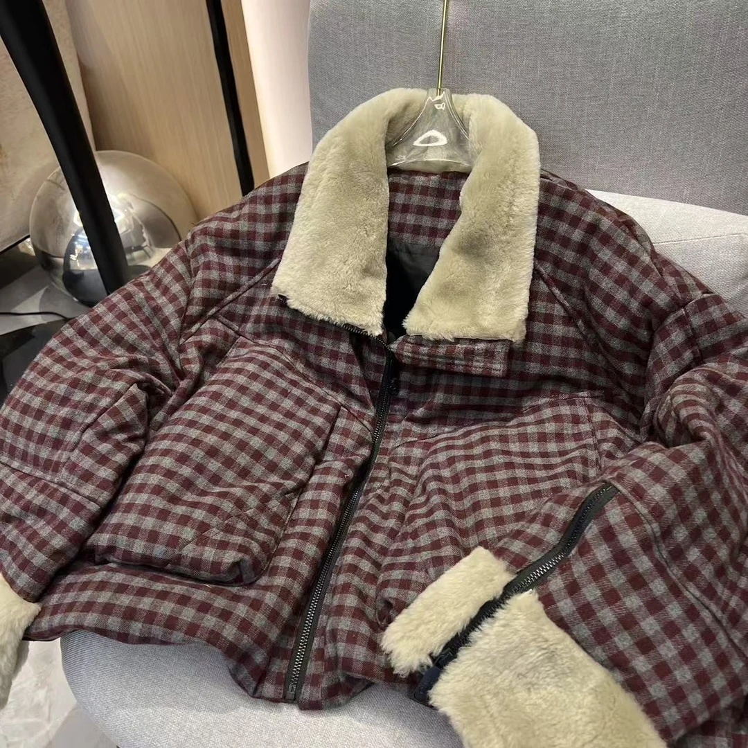 PINSHANGXIBAO/品尚喜宝时尚秋冬格子款皮毛一体鹅绒外套 85132