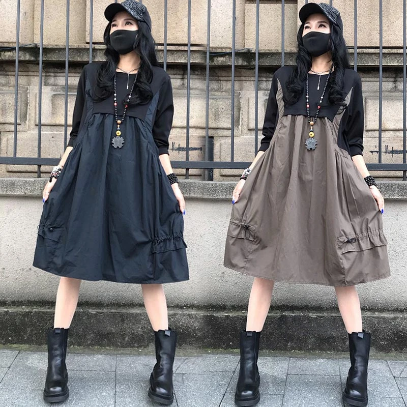 香朵儿宽松遮肉显瘦大码女装中长裙2026夏季新款假两件时髦连衣裙