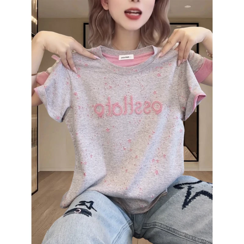 2025夏季新款女士灰色小众圆领字母刺绣短袖T恤休闲显瘦减龄上衣
