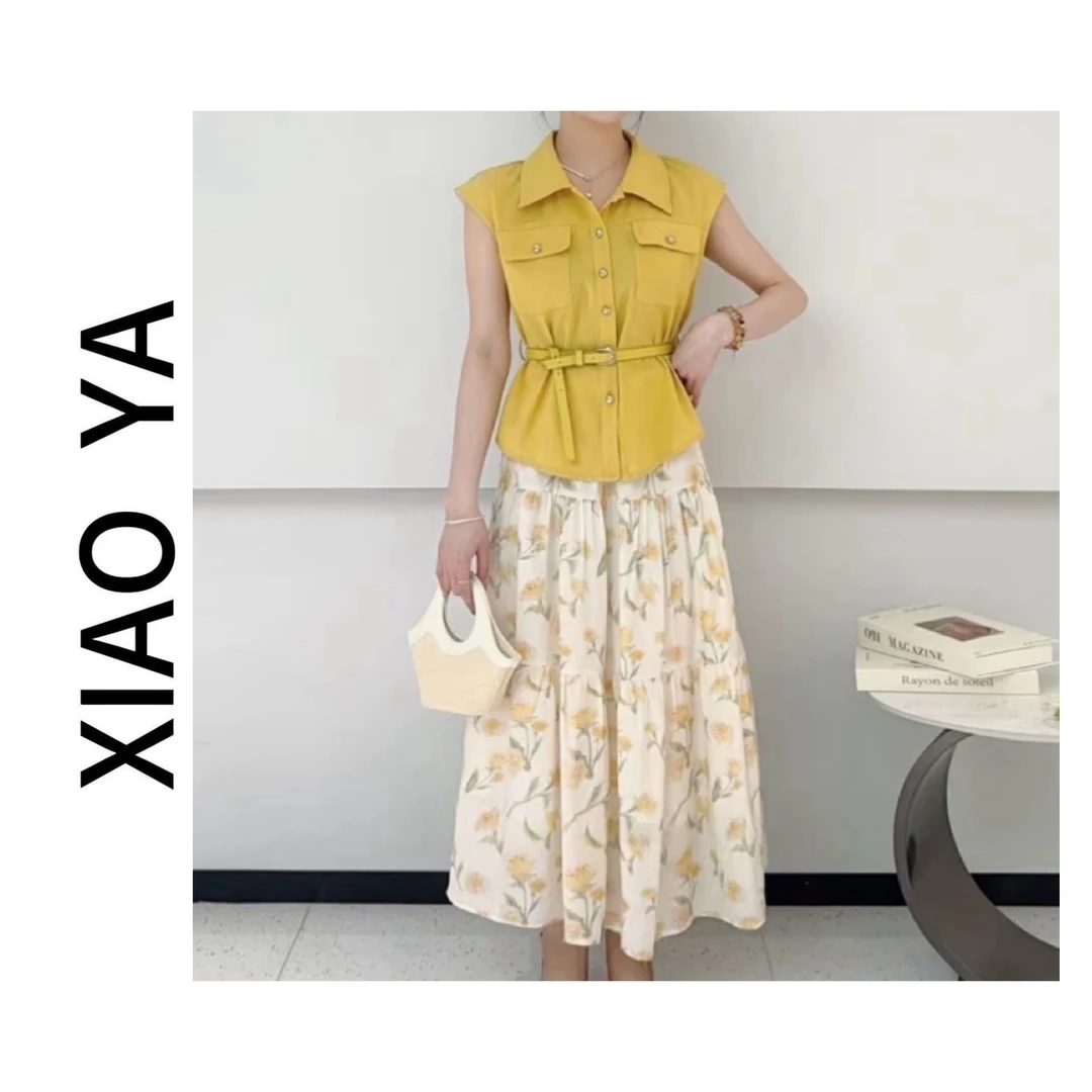 A-65夏季新款小清新腰带显瘦上衣+显瘦半身裙两件套（裙长80）