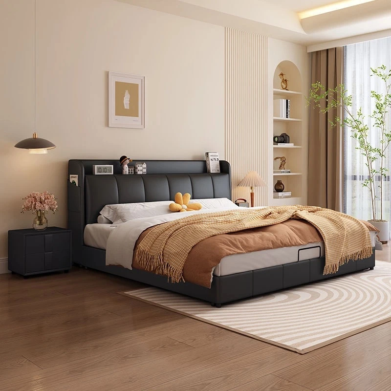 现代简约奶油风落地储物榻榻米双人床软体床家用轻奢婚床真皮床