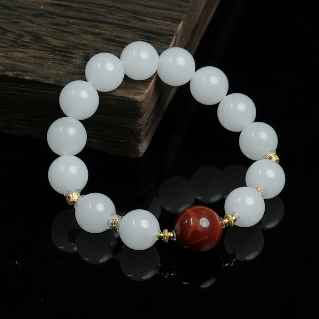 V姐|稀缺|赤雪|和田玉白玉圆珠手串 11.5mm-18k金-HL82614