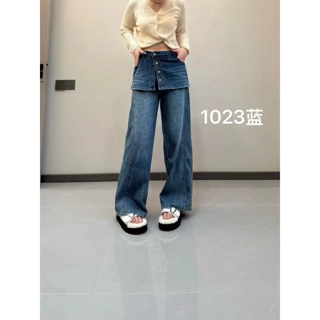 新款假两件设计感牛仔裙裤女百搭宽松直筒阔腿裤1023