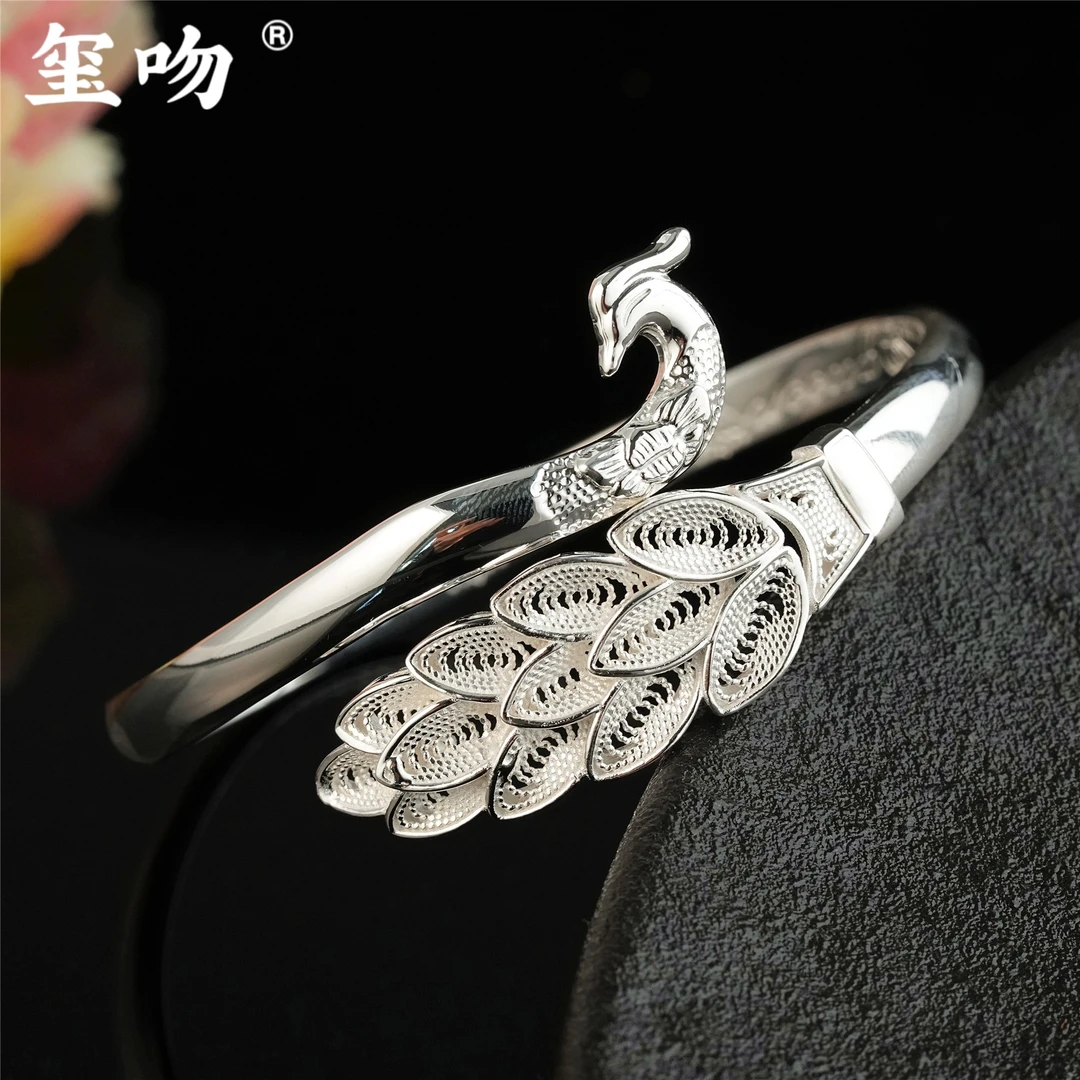 足银手镯 【玺吻】足银999.9 纯手工花丝凤凰回头足银开口手镯