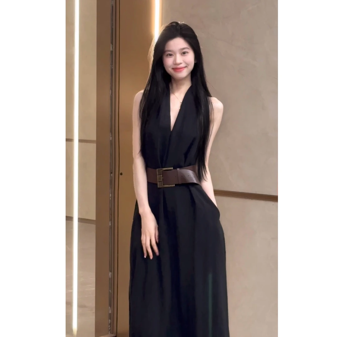 【喵喵】v领挂脖无袖连衣裙女夏季收腰显瘦气质高级感背心长裙 248