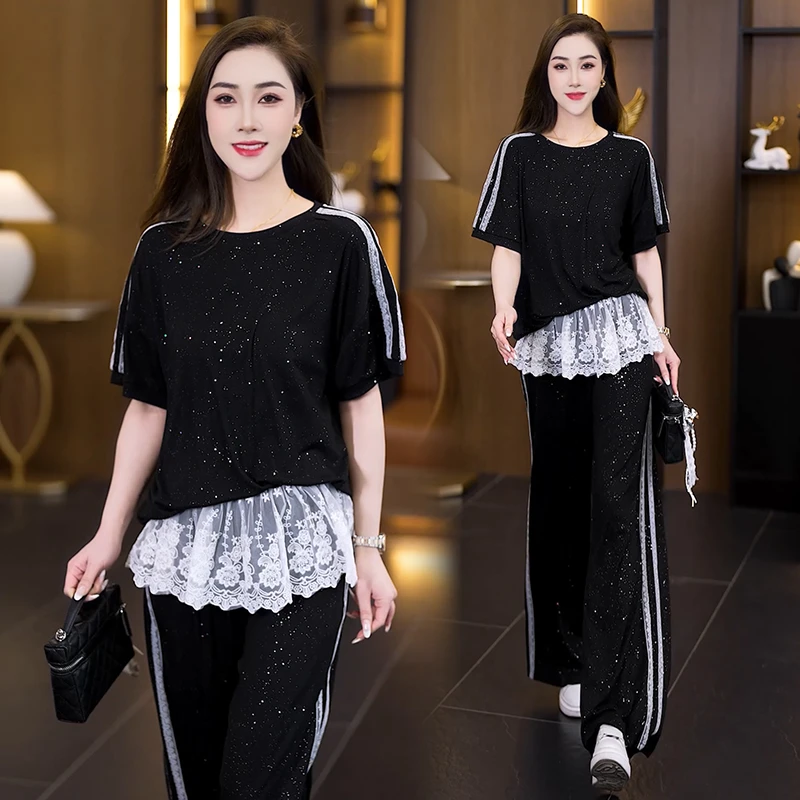 休闲套装2025夏季新款洋气减龄细闪上衣蕾丝拼接阔腿裤两件套