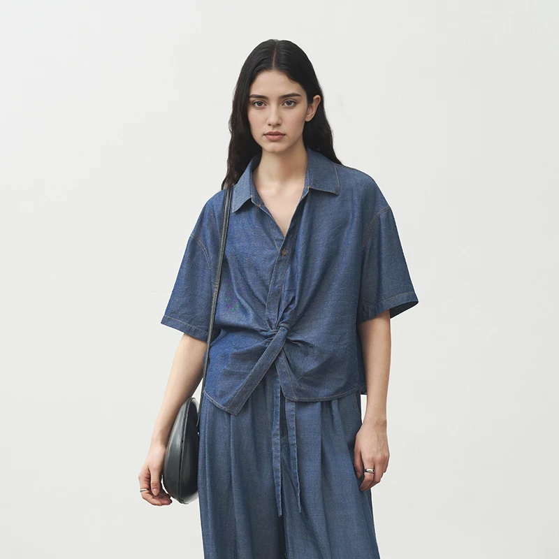 半圆天丝亚麻女装[复古]2025夏季直角翻领牛仔衬衫女25221108