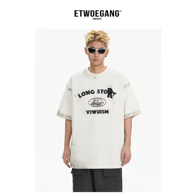 121【擦脏模糊字母T恤】春夏潮美式时尚重磅380G男女宽松T恤98012