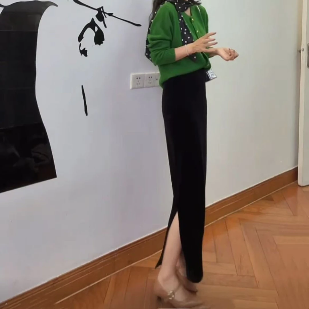 新款精品绒半身裙H型裙开叉修身气质半身裙