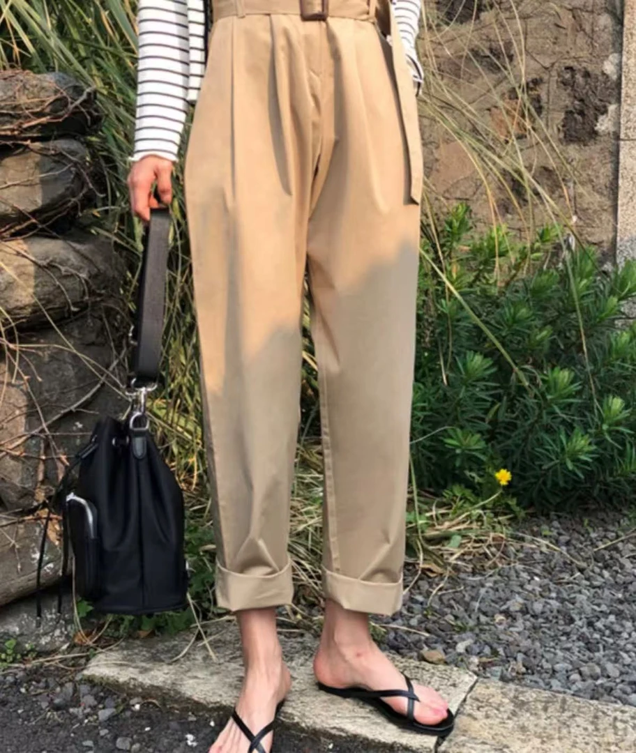 5227  高腰花苞裤女夏韩版休闲裤工装裤阔腿裤显瘦宽松九分直筒裤