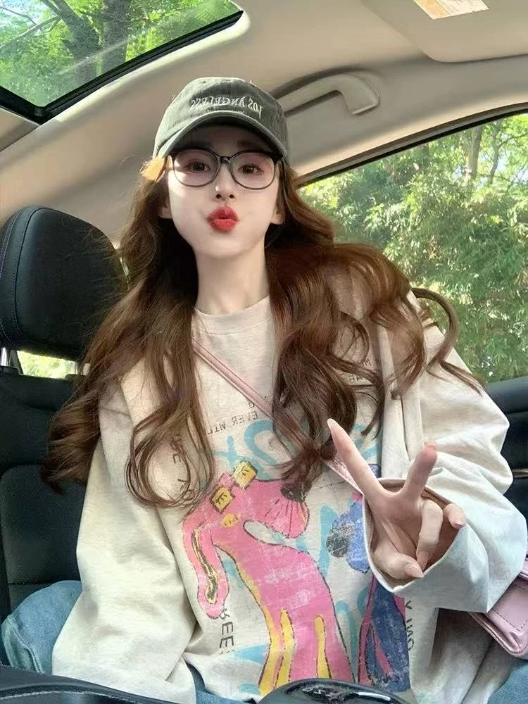 301--400慵懒风印花宽松型T恤长袖设计感薄款卡通吸汗圆领