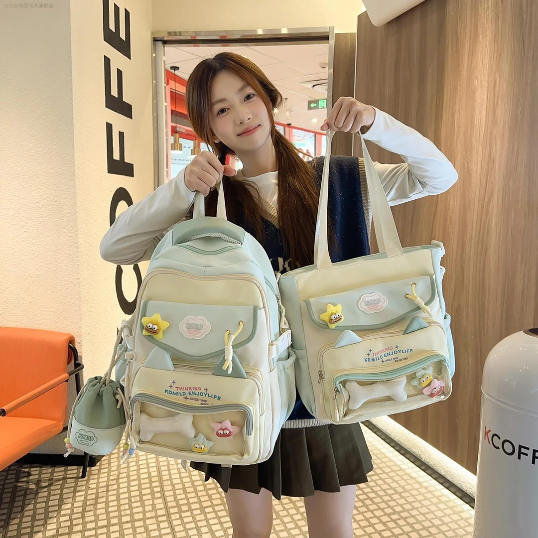 可爱猫咪小清新少女托特包撞色学生大容量单肩斜挎包透明痛包娃包