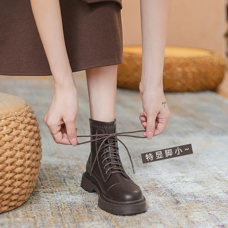 真皮马丁靴女英伦风2025新款潮ins小个子短靴内增高显瘦弹力靴子