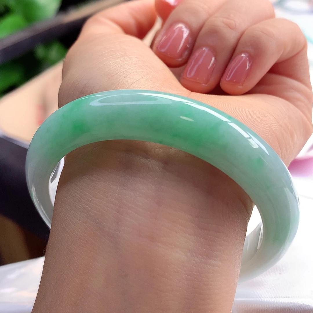 未镶嵌手镯翡翠56-57圈口完美带绿花清新11号