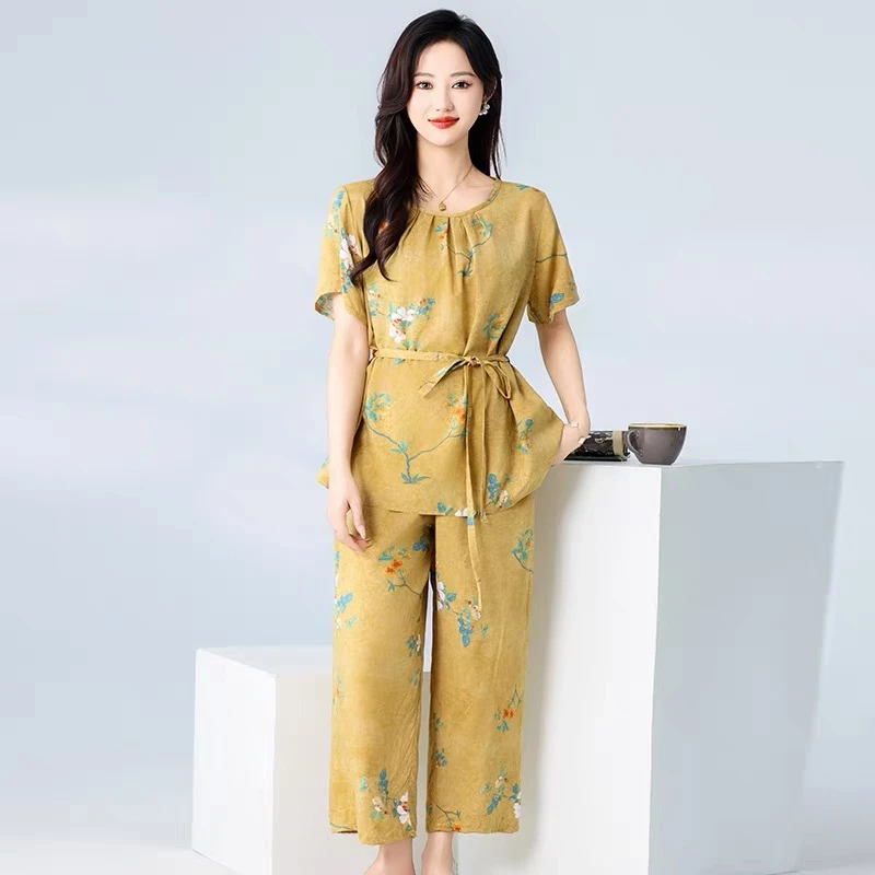 中式复古棉绸睡衣套装女夏季薄款短袖九分裤系带收腰棉绸睡裙