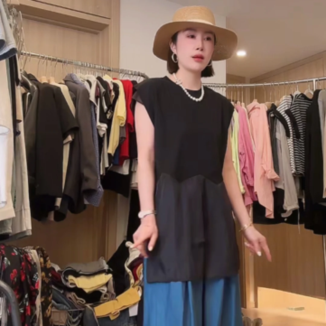 时尚设计感网纱拼接无袖T恤女2025夏季新款洋气百搭显瘦减龄上衣