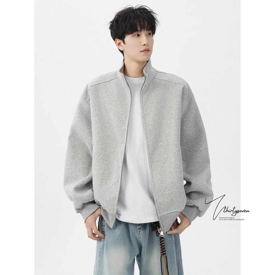 V37美式重磅立领夹克外套男秋高级感cleanfit慵懒风灰色开衫卫衣