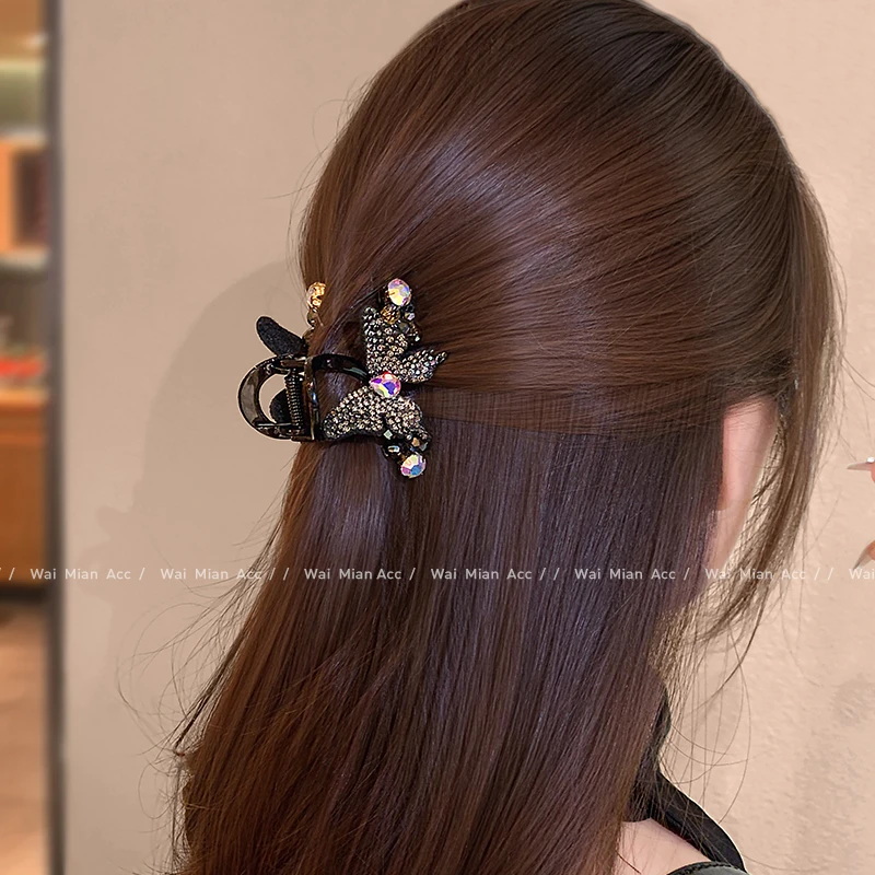 黑色满钻蝴蝶小抓夹女高级感水晶半扎发夹网红刘海边夹后脑勺头饰