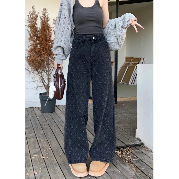 黑色菱格提花阔腿牛仔裤女秋季新款高腰宽松显瘦休闲直筒拖地长裤