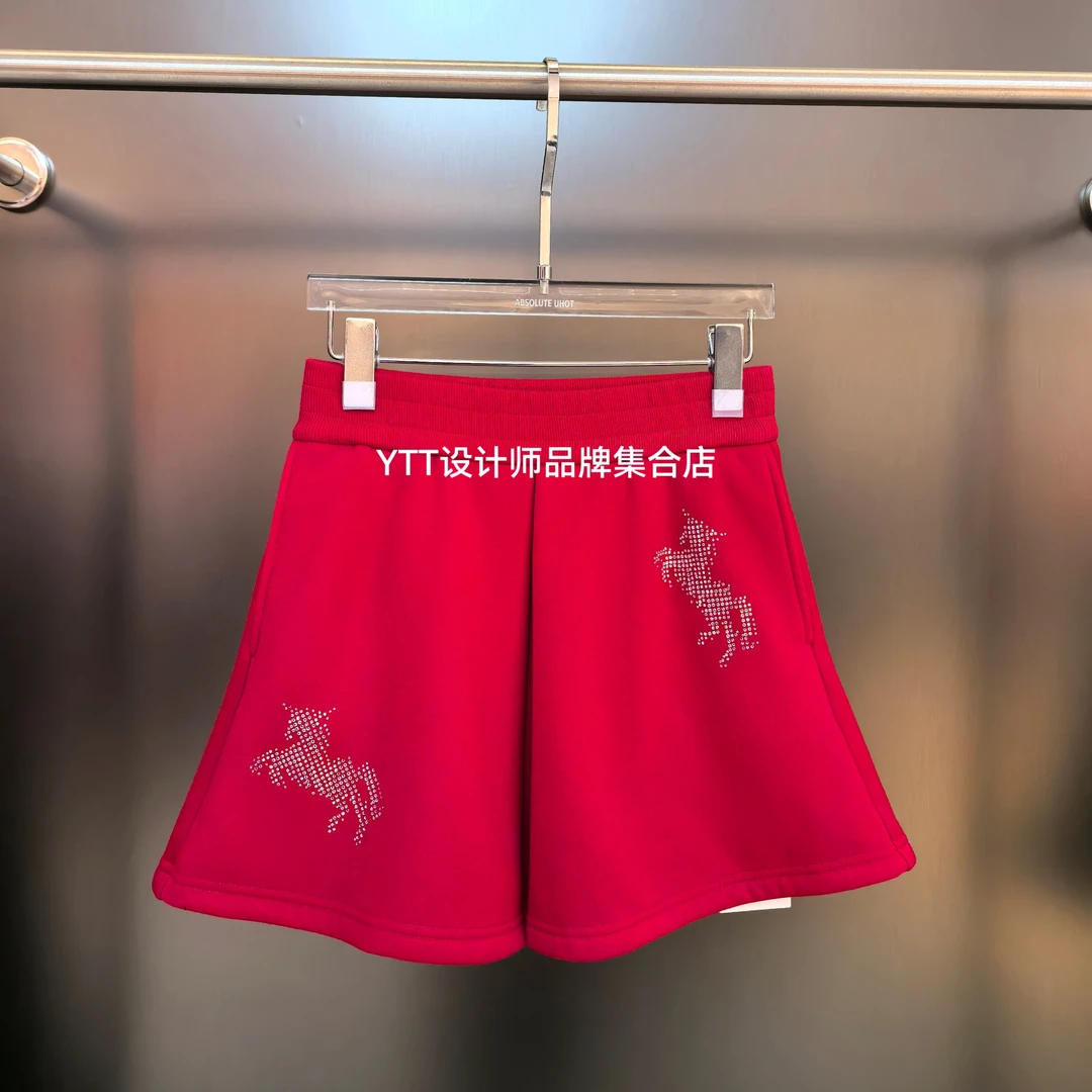 顺丰包邮 LAMERRY朗美睿2025冬季新款红色松紧腰烫钻设计短裙半裙