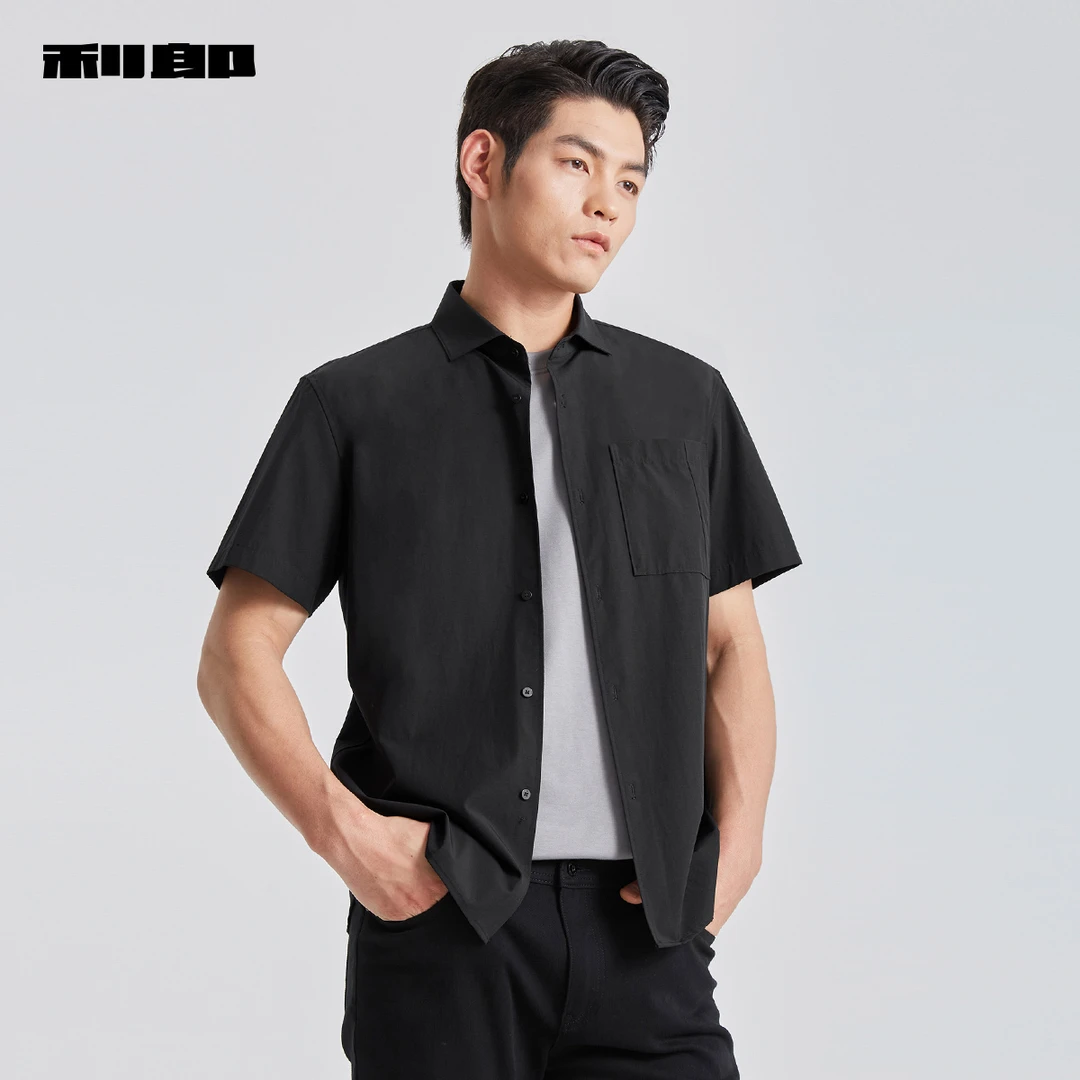 利郎官方 短袖衬衫男士翻领棉混纺2025夏新款商务休闲贴袋衬衣男