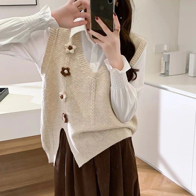 花朵V领针织马甲女秋季新款2025韩版休闲百搭叠穿上衣坎肩马夹