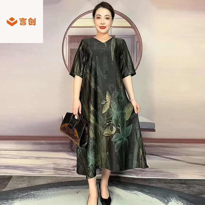 323新中式复古印花连衣裙夏季新款宽松大码显瘦气质长款过膝裙子