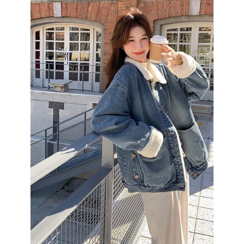牛仔洋气学生设计加绒加厚羊羔毛小个子春秋冬小香风毛绒短款外套