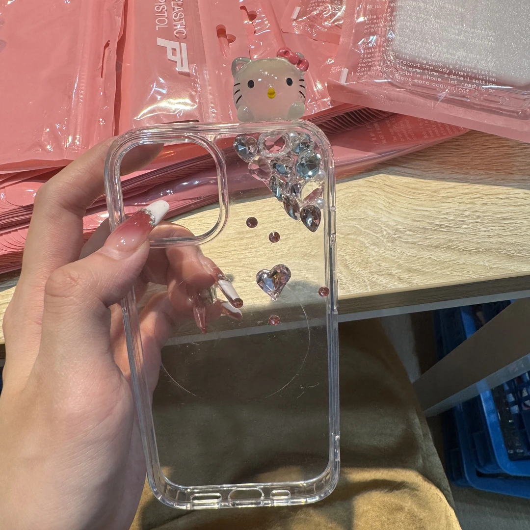 INS简约清新月光KT猫适用于iPhone15水滴钻16pro亚克力17promax壳