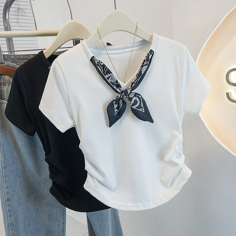 yoewshean/羽媗微胖mm大码法式气质丝巾v领短袖t恤女夏季显瘦修身
