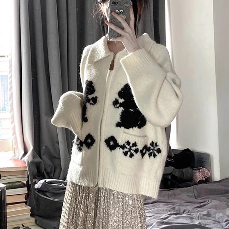 兔子提花翻领拉链毛衣外套女秋冬日系复古慵懒风撞色软糯针织开衫