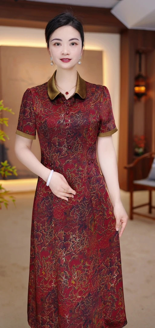 2025夏季新款大码遮肉洋气改良旗袍裙子中老年短袖妈妈装连衣裙