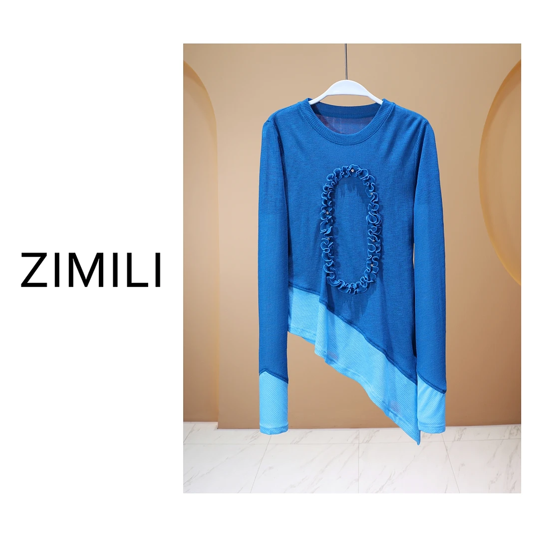 【亮哥女装】2025欧版新品设计师蓝色拼接长袖高弹爽肤衣8189-A3