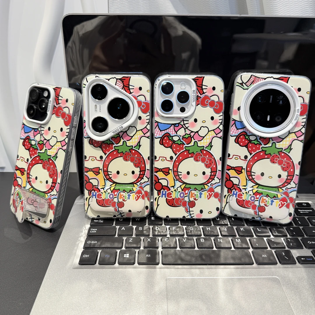 草莓可爱猫支架适用苹果/华为/荣耀/OPPO/VIVO/小米手机壳防摔