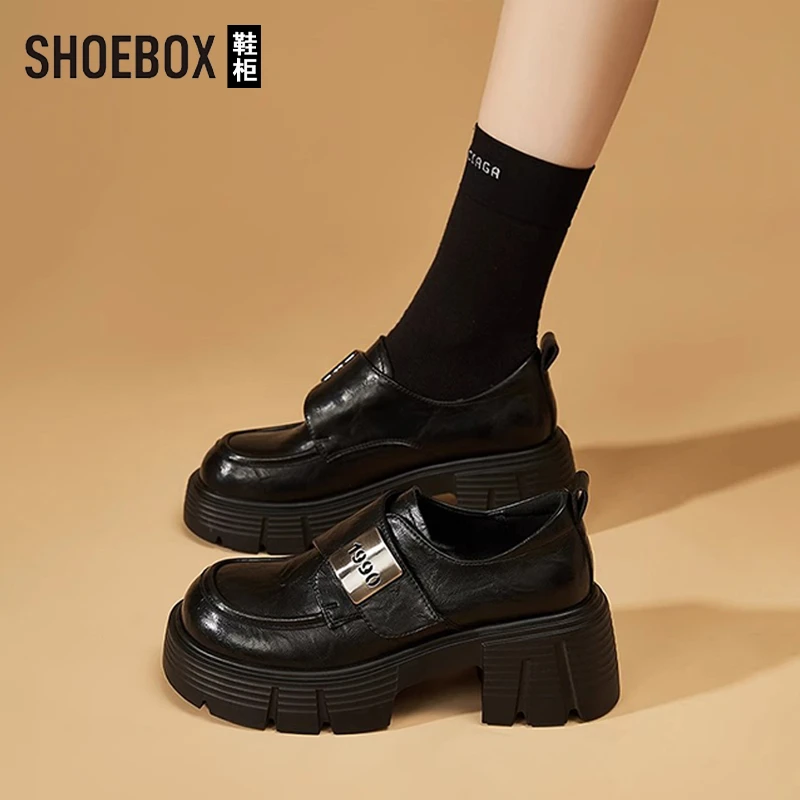SHOEBOX鞋柜黑色厚底乐福鞋女2025新款百搭厚底女鞋春季小皮鞋