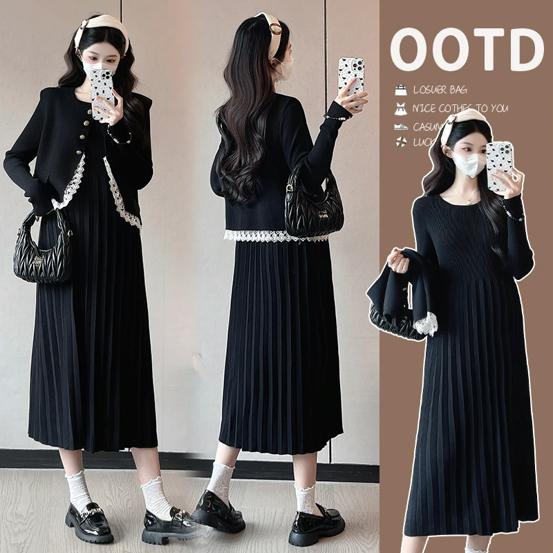 孕妇套装秋冬季时尚蕾丝花边拼接马甲外套+百褶连衣裙孕妇两件套