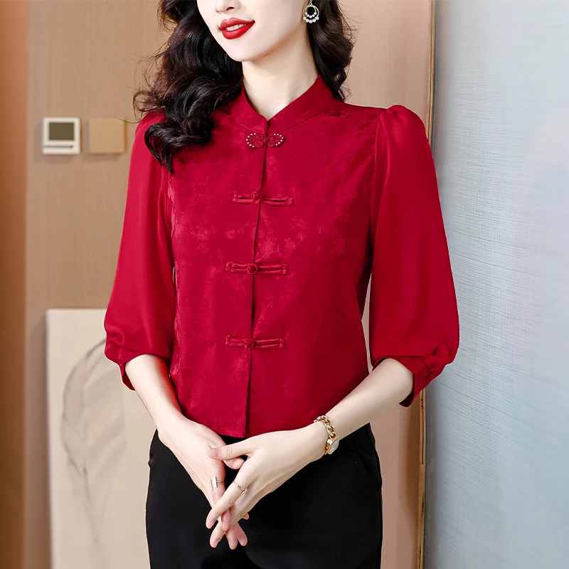 国风盘扣红色衬衫女装夏季短款新中式上衣春秋妈妈减龄七分袖衬衣